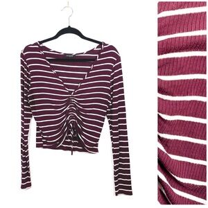 Eclipse Long Sleeve Burgundy & White Striped Ruched Front